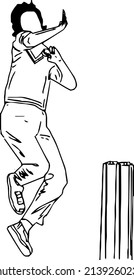 outline sketch drawing vector of legend left handed fast bowler in cricket, line art illustration silhouette of fast bowler