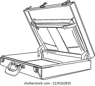 outline sketch drawing vector of open suitcase, line art illustration silhouette of open briefcase