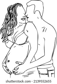 outline sketch drawing vector pregnant woman with her loving husband, line art illustration of pregnent woman