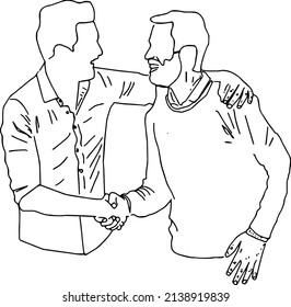 Esbozo de esbozo vector de dibujo de dos amigos hombres estrechando las manos con cara feliz
