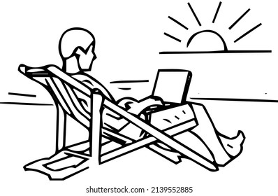 outline sketch drawing vector of young boy sitting on comfortable chair and working on laptop on a beach in relaxing pose