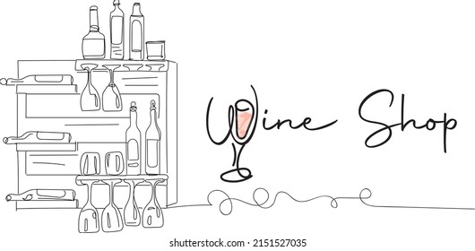 Outline sketch drawing of wine liqor bottle and glass stand, Wine logo, Wine Bottle silhouette, Wine Vector