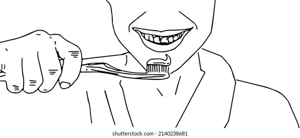 Outline sketch drawing of woman doing tooth brush drawing, line art illustration of girl doing tooth brush