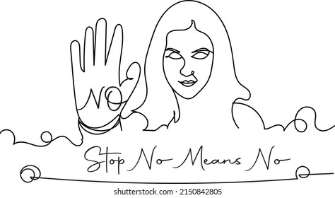 Outline sketch drawing of woman protest, Young Girl showing no on her hand, Stop No means No Banner