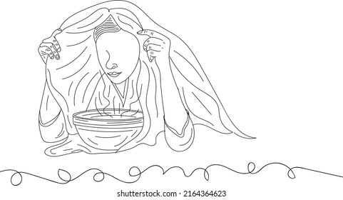 Outline Sketch Drawing Of Woman Taking Vapour From Warm Water Pot For Influenza Treatment, Line Art Illustration Of Girl Taking Vapour