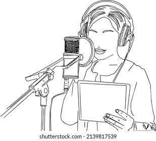 Outline Sketch Drawing Of Woman Voice Over Artist Performing On Mic, Line Art Illustration Of Woman Doing Voiceover On Condenser Mic