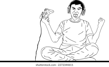 Outline sketch drawing of young boy playing video game, line art vector illustration of young kid boy doing celebration of victory in video game final stage.