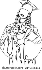 Outline sketch drawing of young graduate girl student holding book and diploma and wearing graduation cap, line art illustration of graduate girl.