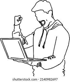 Outline sketch drawing of young man doing celebration of winning contest on laptop, line art illustration of young boy watching laptop in happy mode