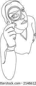 outline sketch drawing of young man looking through magnifying lens, line art vector illustration silhouette of boy looking through magnifying glass