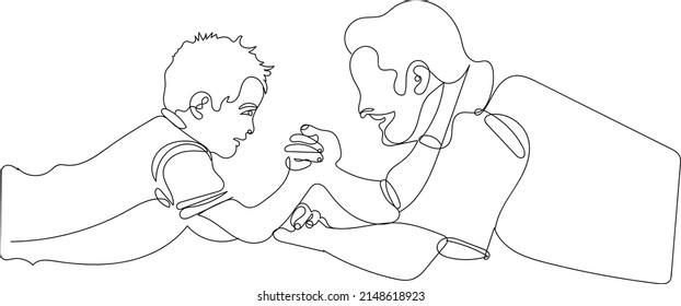 outline sketch drawing of young son and father doing arm wrestling, line art illustration silhouette of kid and father arm wrestling