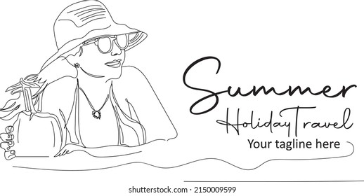 outline sketch drawing of young woman wearing bikini hat and sunglasses and holding coconut at cool beach in summer vacation, Summer Travel logo