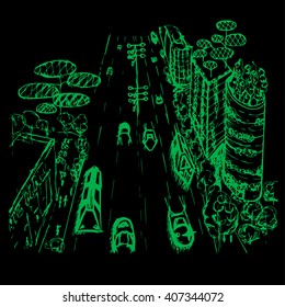 An outline sketch of an eco city of the future in black and green colors
