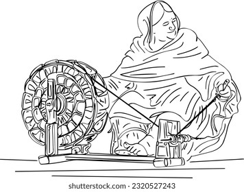 An Outline Sketch of an Elderly Woman Spinning at the Traditional Wheel, Sketch of an Old Woman Engaged in Manual Spinning in the Village, Old Woman Operating the Traditional Wheel