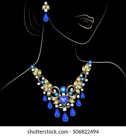 Outline sketch of elegant woman and necklace with diamonds and sapphires on black background