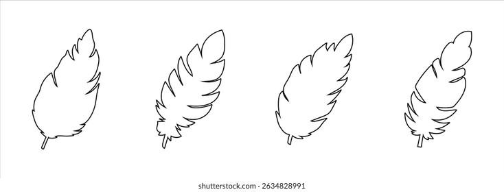 Outline Sketch of Feathers Isolated on White Background. Concept of Nature Art, Minimalist Design, Elegant Plumage, Graphic Elements for Decor, Icons, Wildlife Illustration, Bird Feathers.