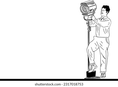 Outline sketch of film lighting crew with boy holding movie production light, Film lighting crew sketch drawing with boy operating production light