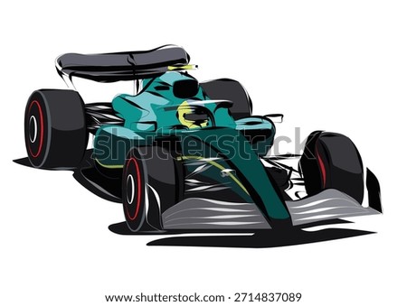 Outline sketch of formula racing car in green livery. Vector freehand drawing for merch design, brochure or t-shirts