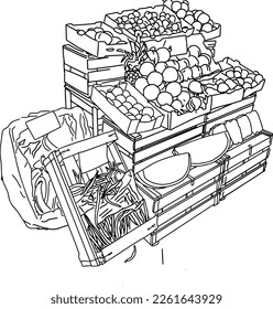 Esbozar cajas de frutas y verduras del mercado en forma de doodle