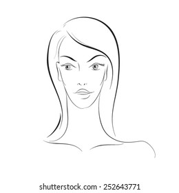 outline sketch  full face of young woman with long straight hair