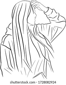 Outline sketch of girl touches hair profile view in doodle style