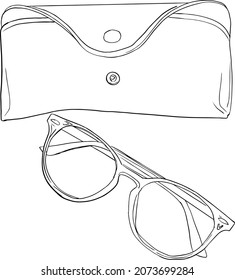 Outline sketch of glasses and case. Top view in minimal linear style