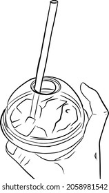 Outline sketch of hand holding plastic cup cocktail with ice and tube in realistic minimal lineart style