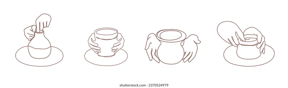 Outline sketch of hands making ceramics on a potter's wheel in doodle style. Set of hands make ceramics in continuous line style. The process of making clay products. Potters wheel icon set.