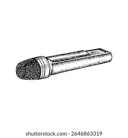 Um esboço da ilustração de um microfone. Clipart de vetor desenhado à mão em estilo de gravação. Desenho de um microfone - equipamento moderno para concerto, podcast, apresentação
