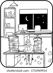 Outline sketch illustration of sad man in office at night with papers. Concept of failure