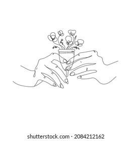 Outline Sketch Illustration.Menstrual Cup With Flowers In Female Hands, Hand Drawn.Period Product Siltcon Menstrual Cup.Zero Waste Concept.Vector Illustration