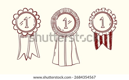 Outline sketch illustrations of tier rosettes for participation in contest, championship, challenge or competition. First place award ribbon. Winner trophy doodle drawings. Vector graphic