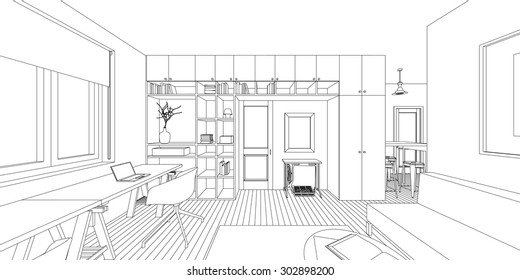 Outline sketch of a interior living room.