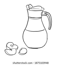 Outline sketch of jug and apples in doodle style. Vector illustration