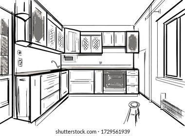 Esbozo de esquema de la cocina, vista de perspectiva. Cartón dibujado a mano. Ilustración vectorial. 