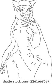 Outline sketch of lemur holding his paw to his mouth in doodle style