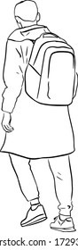 Outline Sketch Of Man With Backpack Take A Step Back View