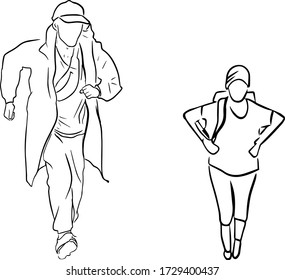 Outline sketch of man in cap with backpack runs up and girl walk. Tourist hiking concept