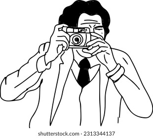 Outline sketch of a man capturing a photo with his camera, Sketch drawing of a person operating a camera to capture an image
