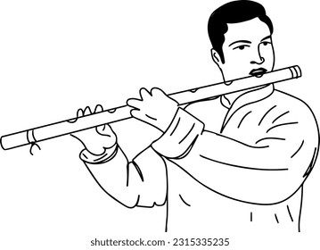 Outline Sketch of a Man Playing the Bamboo Flute, Soulful Melodies, Ethereal Tunes, Flute Maestro