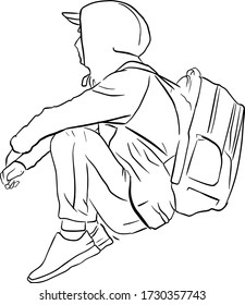 Outline sketch of man sit on stone in hood with backpack. Tourist concept in doodle style