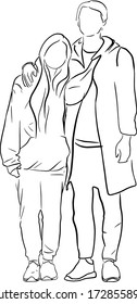 Outline sketch of man and woman stay in pose in full length in doodle style