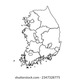 Outline Sketch Map of South Korea With States and Cities, can be used for business designs, presentation designs or any suitable designs.