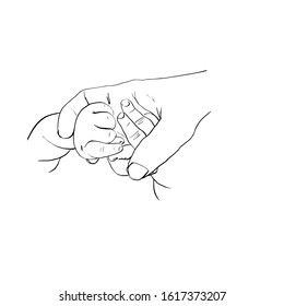 Outline sketch of mother hand holding baby arms. Happy maternity concept of love and family, Hand drawn vector, Art line illustration, Small cute finger of newborn, for posters, prints, articles 