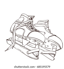 Outline sketch of old ice skates, Hand drawn vector illustration isolated on white background