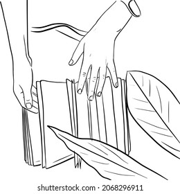 Esbozo de esquema del libro abierto con dos manos sobre él y con hojas de planta. Ilustración vectorial en blanco y negro del concepto de lectura en estilo doodle
