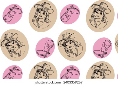 outline sketch pattern cowgirl and boots on color rounds . Vector illustration in vintage style. Can used for wrapping paper, textile, wallpaper. 