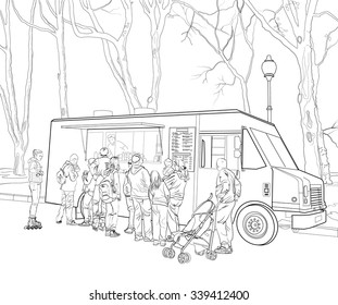 Outline sketch of people standing in row in front of fast food or ice cream cafe mobile car