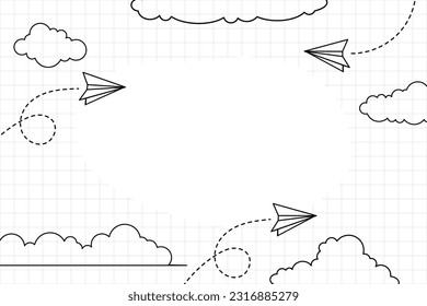 Outline Sketch School Notebook Background With Flying Paper Airplanes And Text Space Area. Welcome Back To School Background.