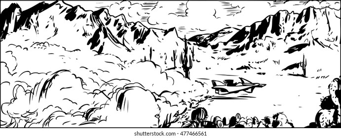 Outline sketch of science fiction hovering anti-gravity racer vehicle speeding across desert with mountain in background